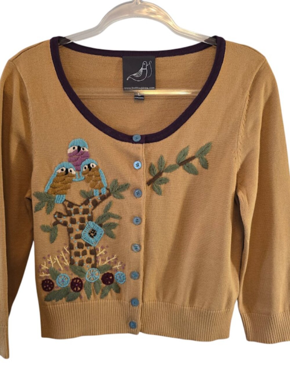 COTTON BLEND CARDIGAN KNITTED DOVE EMBROIDERED WOODLAND DESIGN SIZE LARGE